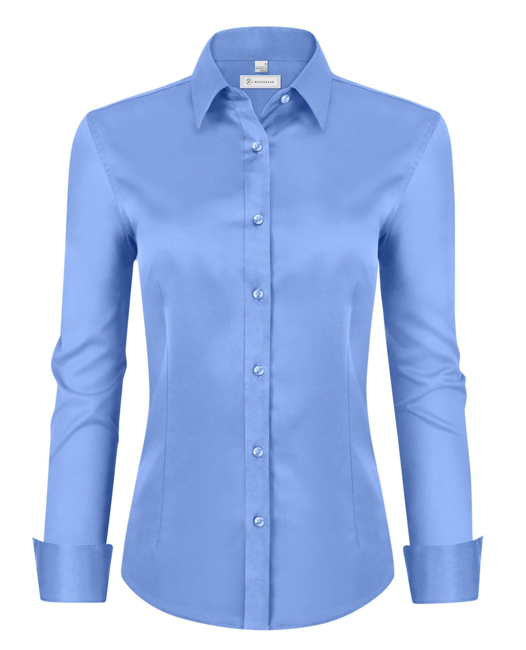 siliteelon Womens Classic-Fit Dress Shirts Long Sleeve Button Down Wrinkle-Free Stretch Solid Casual Work Office Blouse Top Cuff Sleeve