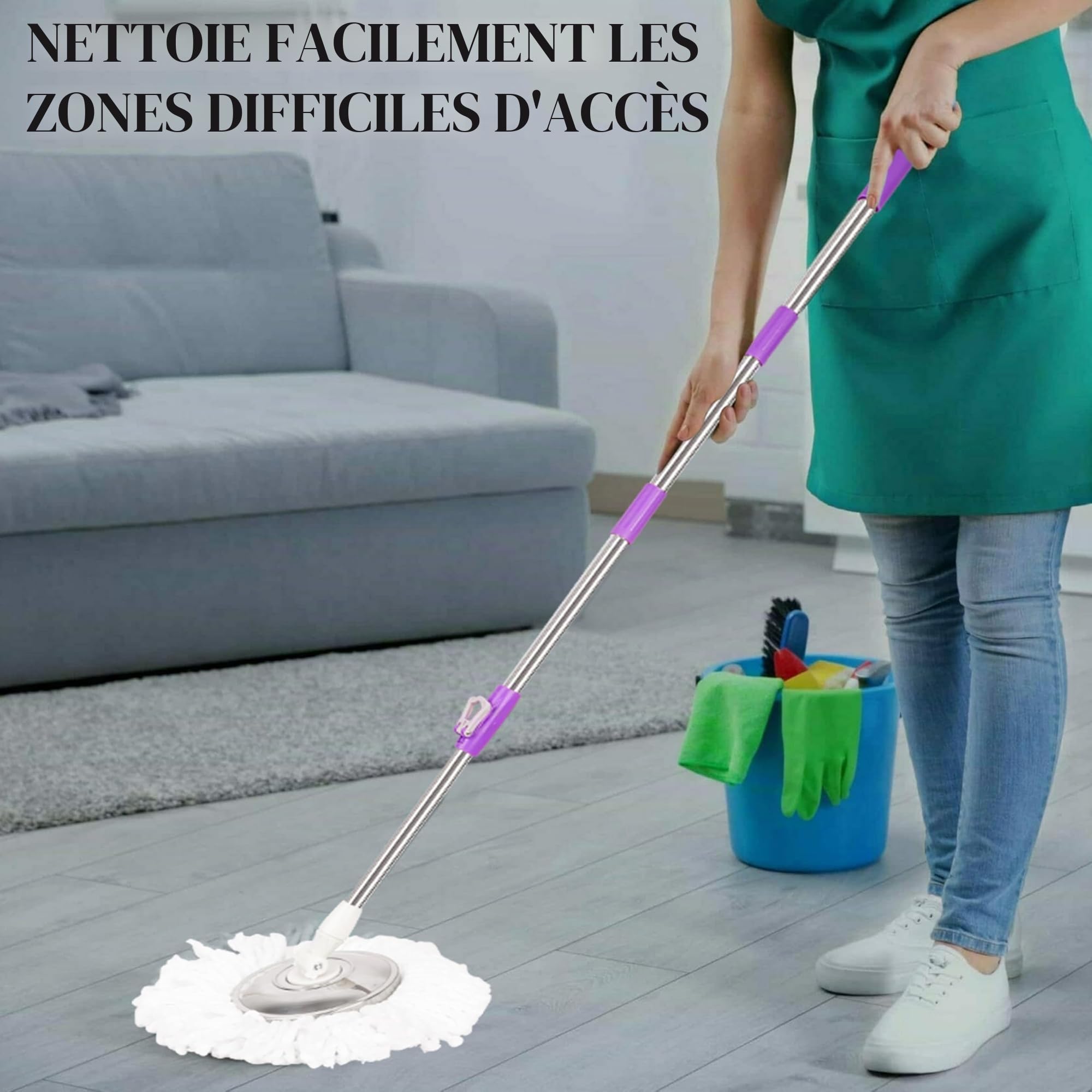 ARSUK Balai Rotatif 360° – Balai serpillère Ajustable, Manche Acier Inoxydable Extensible 127 cm – 2 Têtes Microfibre Remplaçables – Nettoyage Efficace sans Effort