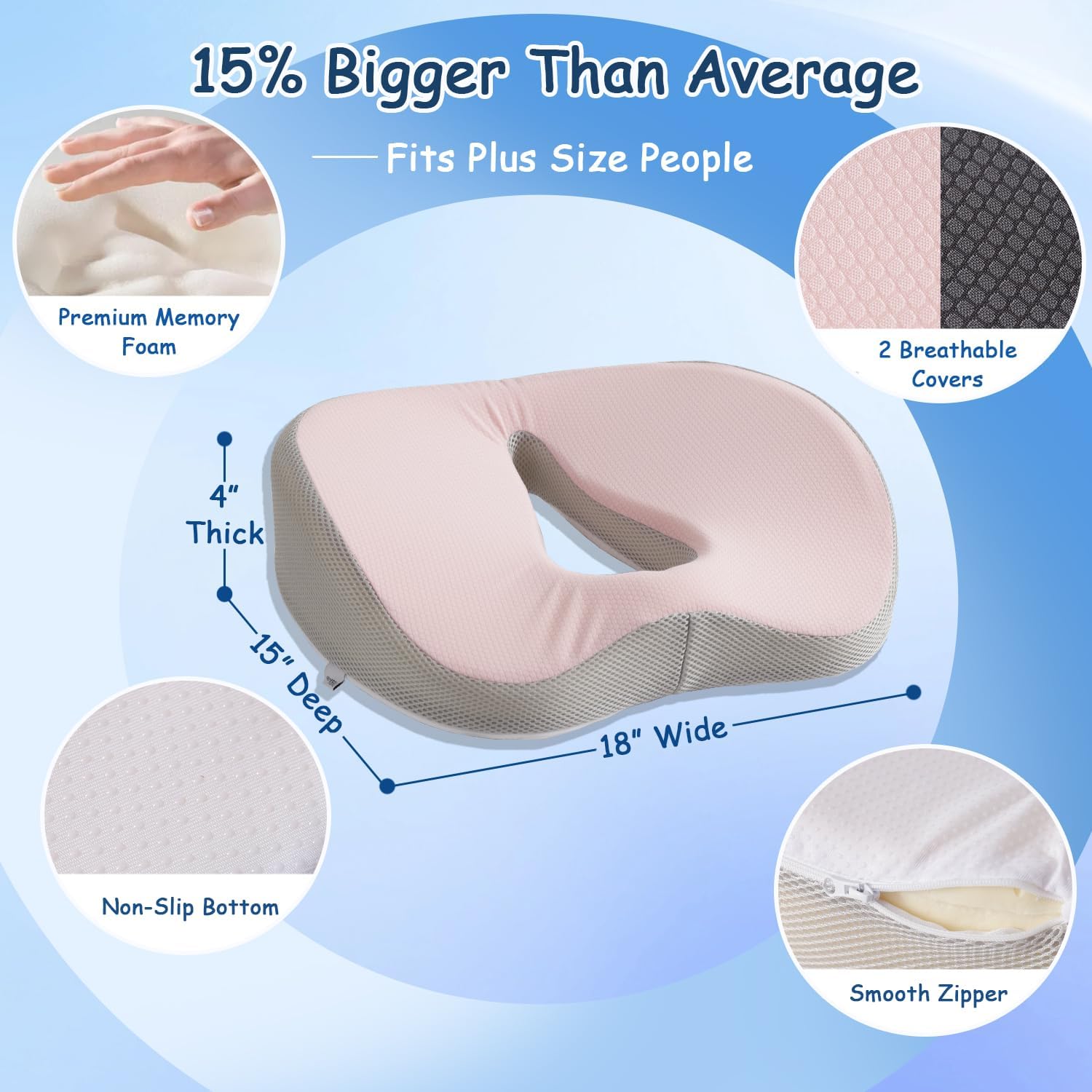 King Mills Plus Size Hemorrhoid Pillows for Sitting, Extra Large & Wide Hemorrhoid Pillow, Tailbone Cushion with Memory Foam Filling, Two Replaceable Cover