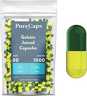 PureCaps USA - Empty Gelatin Capsules Size 00, 1,000 Empty Joined Gel Pills, Green/Yellow, Non-GMO Certified, Kosher, Gluten Free and Halal Certified, Pure Beef Gel Pill Capsules Empty