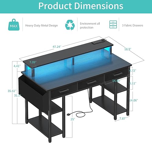 Miniatura 3 de Lufeiya Escritorio para juegos con luces LED y tomas de corriente, escritorio de oficina en casa de 47 pulgadas con soporte para monitor y estantes,