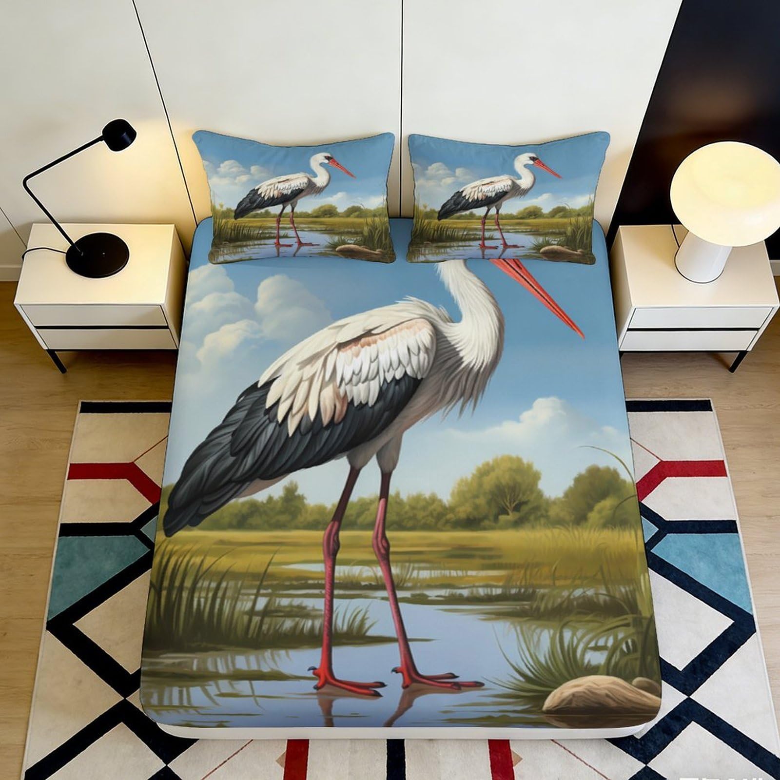 3D Printed Stork Fitted Sheet Microfiber Soft Breathable Crane Bed Cover for Bedroom Dormitory Guest Room Mattress Protection Decor 120x200x25cm