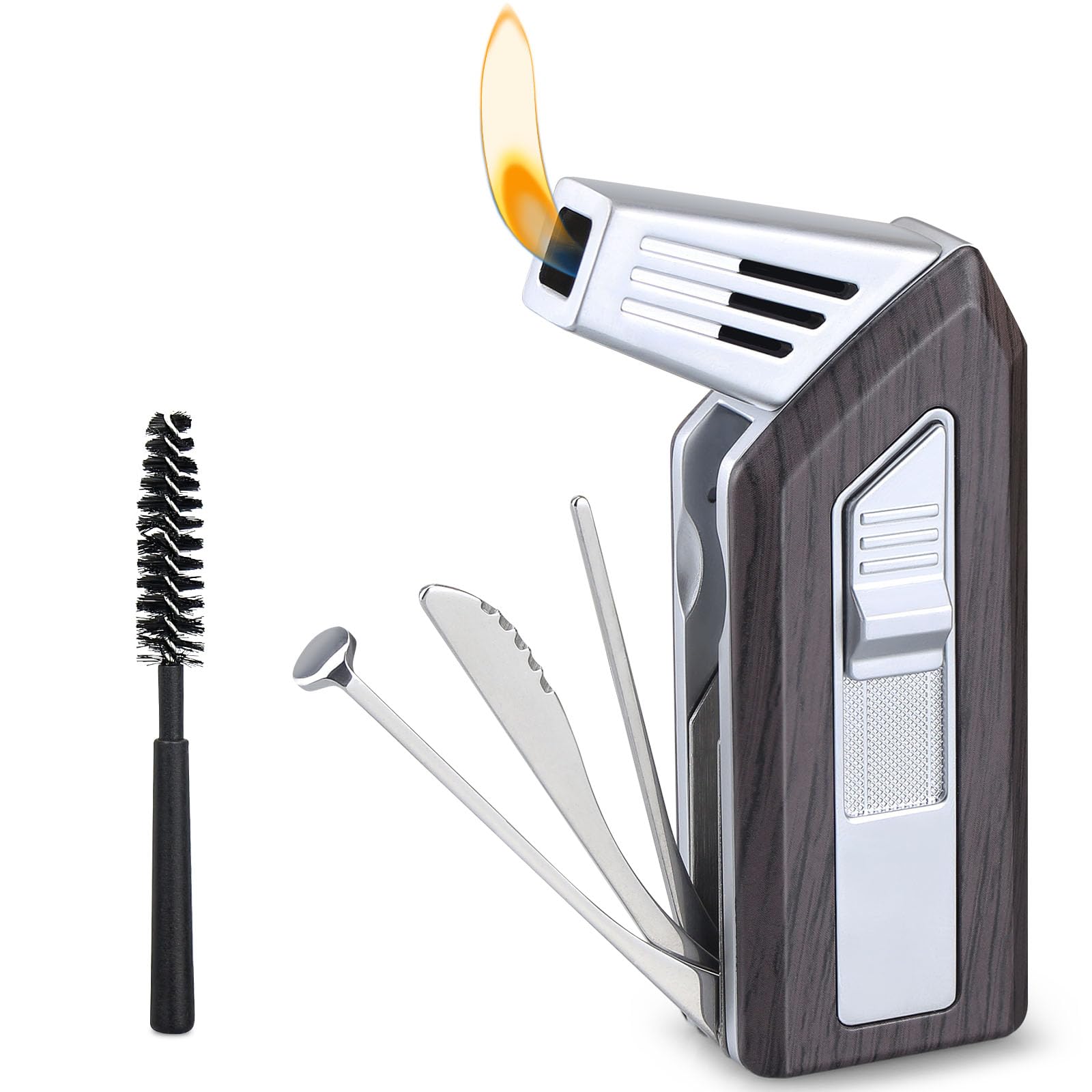 FLABOX 3 in 1 Refillable Butane Lighter with 3 Clean Tools, Angled Soft Flame for Candle & Fireplace, Delicate Gift for Men with Sandalwood Brush