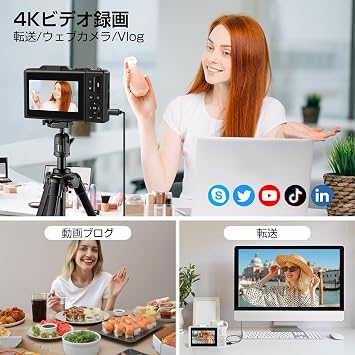 Digital Camera 4K Digital Camera, 64 Million Pixels, 18x Digital Zoom, 180 Degree Rotation, 3.0 Inch Display, Autofocus, Continuous Shooting, Close Shooting, Selfie Screen, 64 GB SD Card Included, 2 x
