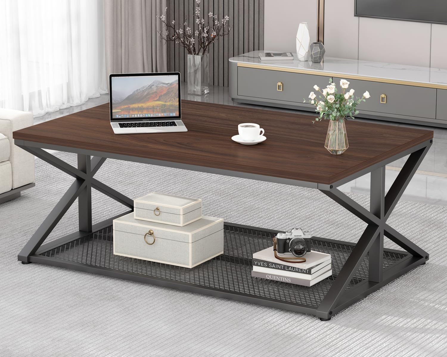 IBF Walnut Coffee Table with Storage, Industrial Wood Metal Rectangle Living Room Table, Vintage 2 Tier Middle Center Table with Mesh Shelf, Walnut, 47 inch