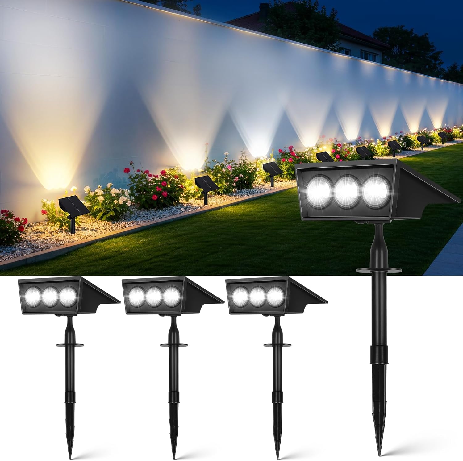 OUTON Solar Spot Lights Outdoor, 5 Lighting Modes IP65 Waterproof Solar Powered Garden Light, Dusk-to-Dawn Auto On/Off Outside Light, LED Spotlights for Landscape Yard Pathway House, 4 Pack