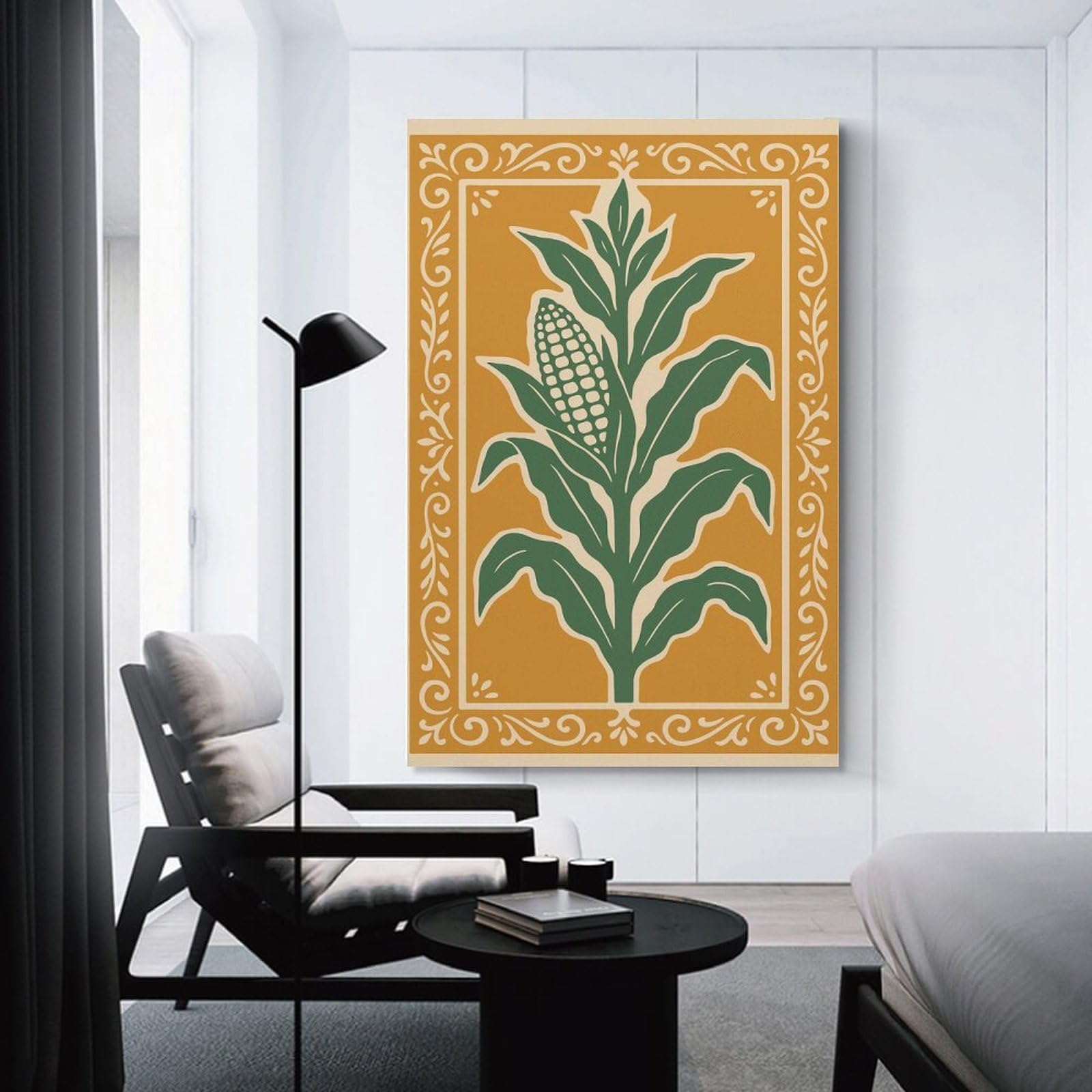 Junmoney Canvas Art Print Corn Stalk Illustration with Decorative Border, 20x30inch(50x75cm), for Gallery Wall Decor And Room Displays, Wall Decor Suited to Curated Displays