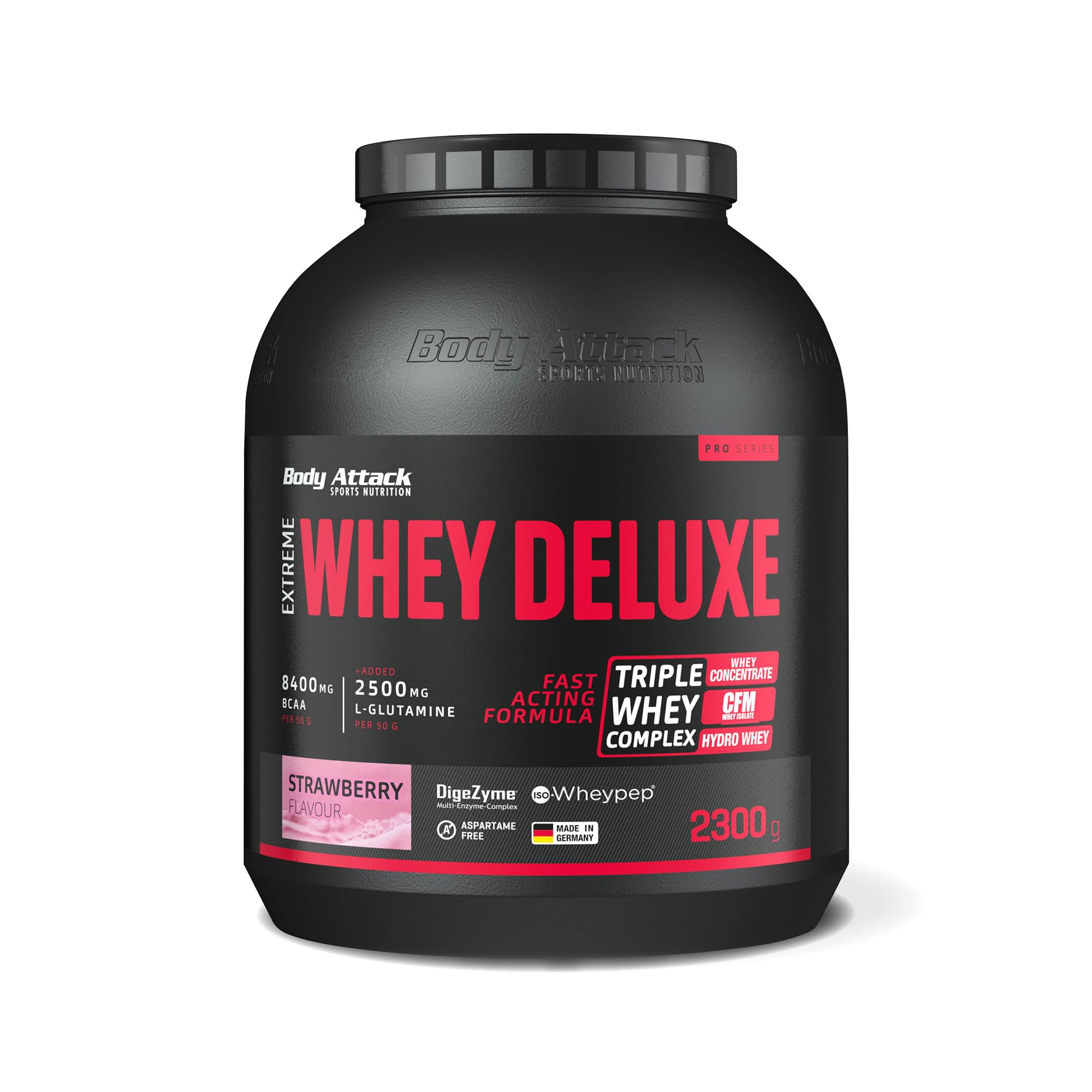Body Attack Whey Protéine Extreme Deluxe-Protein powder avec des acides aminés, Complexe triple-Whey, CFM Whey Isolate-Parfait pour poids musculation, Fabriqué en Allemagne, 2,3 kg, Fraise