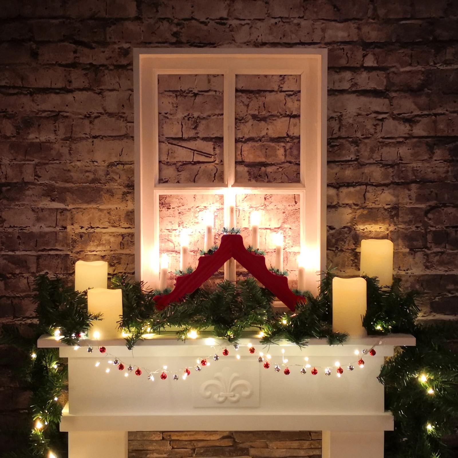 Idena 31604 - Portacandele LED dell'Avvento in legno laccato rosso con 7 candele LED bianco caldo, arco di candele con lampadina di ricambio e interruttore, decorazione natalizia per interni