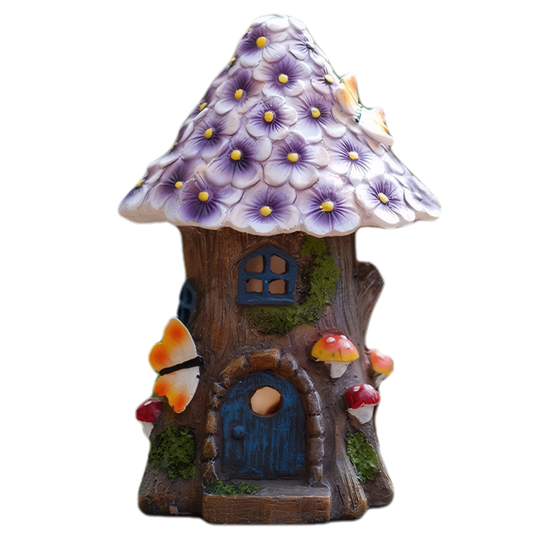 Maison de fée avec toit de fleurs en résine miniature sculptée et éclairage autonome à LED