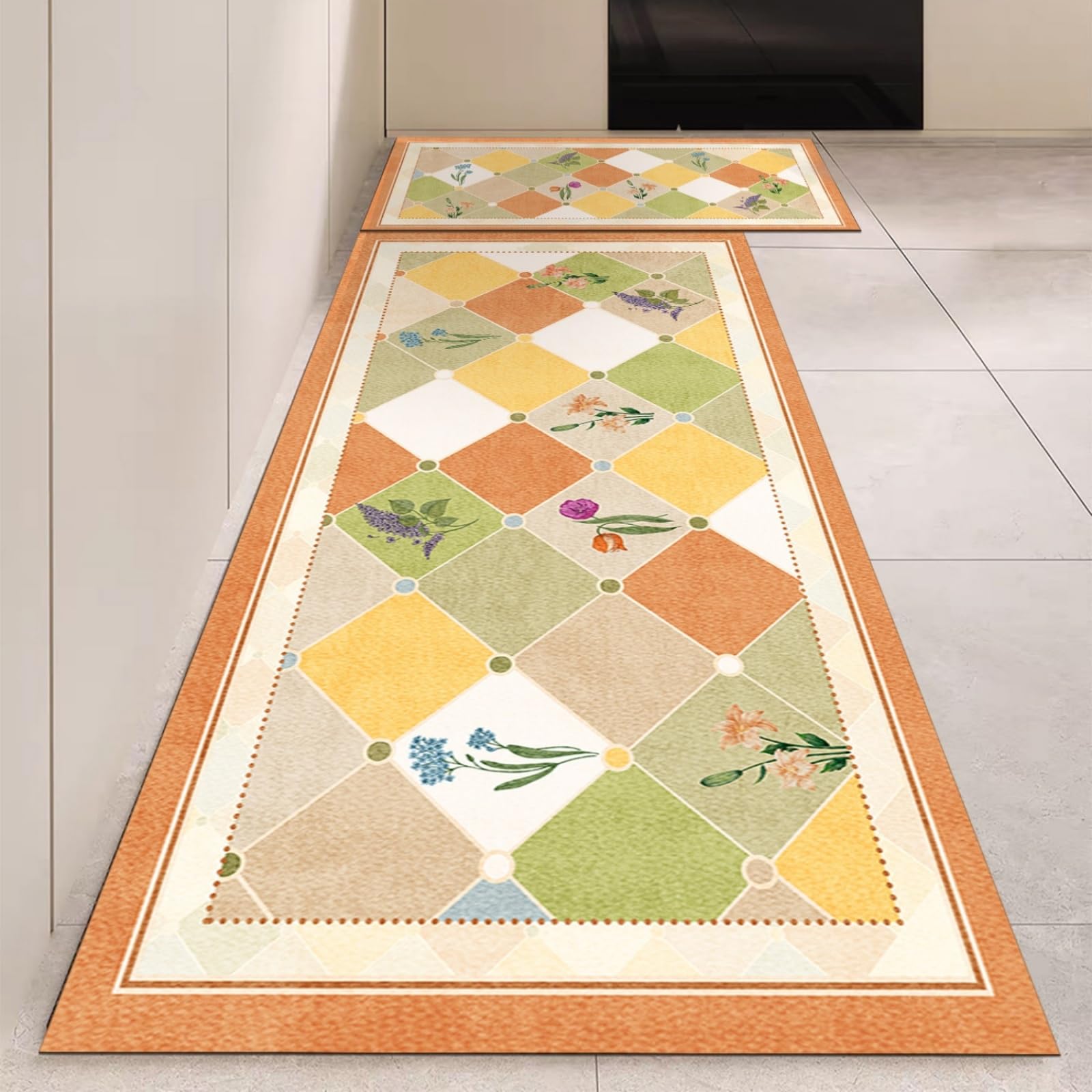 Tappeto Cucina 40X60Cm+40X120Cm Geometria Gialla Tappeto Cucina Antiscivolo Lavabile Set Di 2 Pezzi,Tappetino Multiuso In Pelle,Comodità E Resistente,Per Ingresso,Camera,Bagno