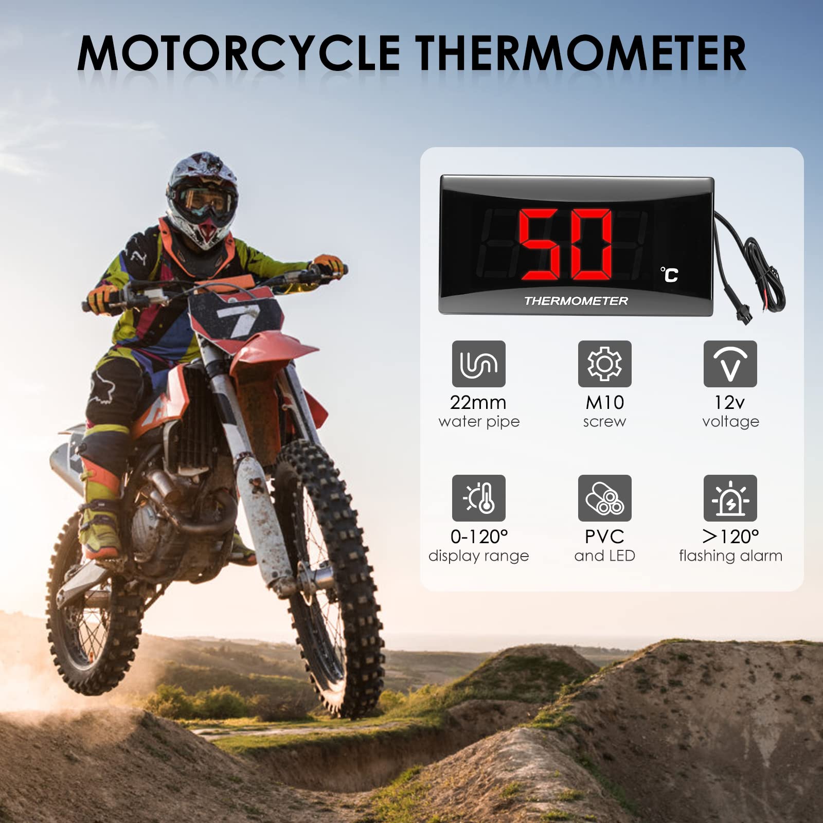 Thermomètre Numérique pour Moto avec Adaptateur 18mm/22mm, Affichage de Température D'eau, Capteur de Sonde en Métal Étanche pour KOSO(22)