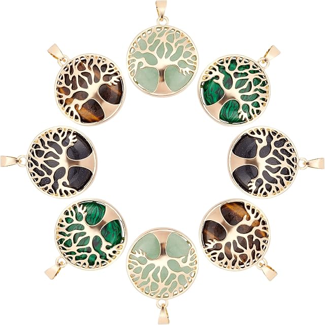 PandaHall 4 Style Tree of Life Charms, 8pcs Natural Synthetic Gemstone Crystal Stone Pendants Chakra Crystal Tree Charms Bulk for Necklace Jewellery Making Keychain Keyring