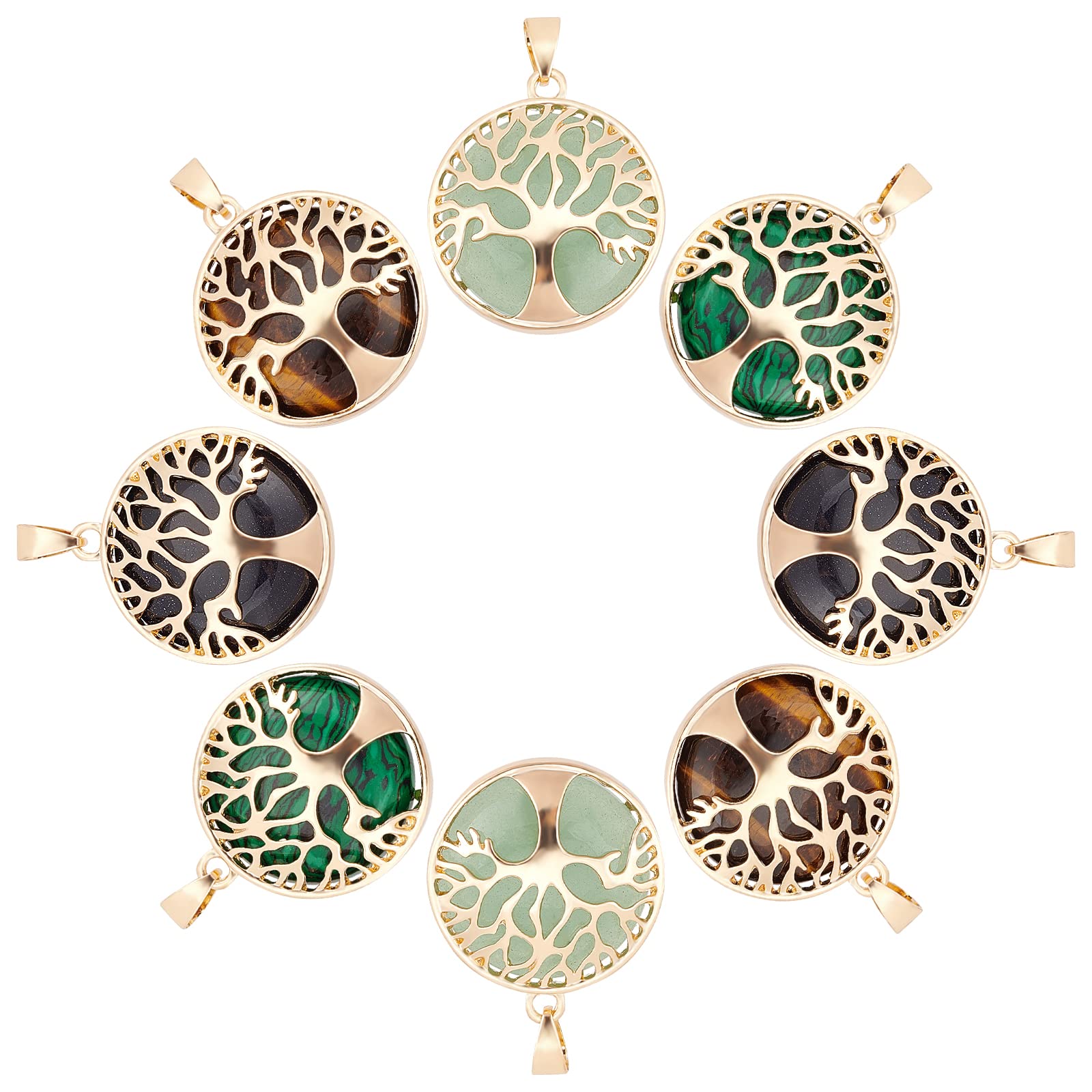 PH PandaHall Tree of Life Pendant Crystal Stone Charms Natural Synthetic Gemstone Pendant Flat Round Quartz Charms