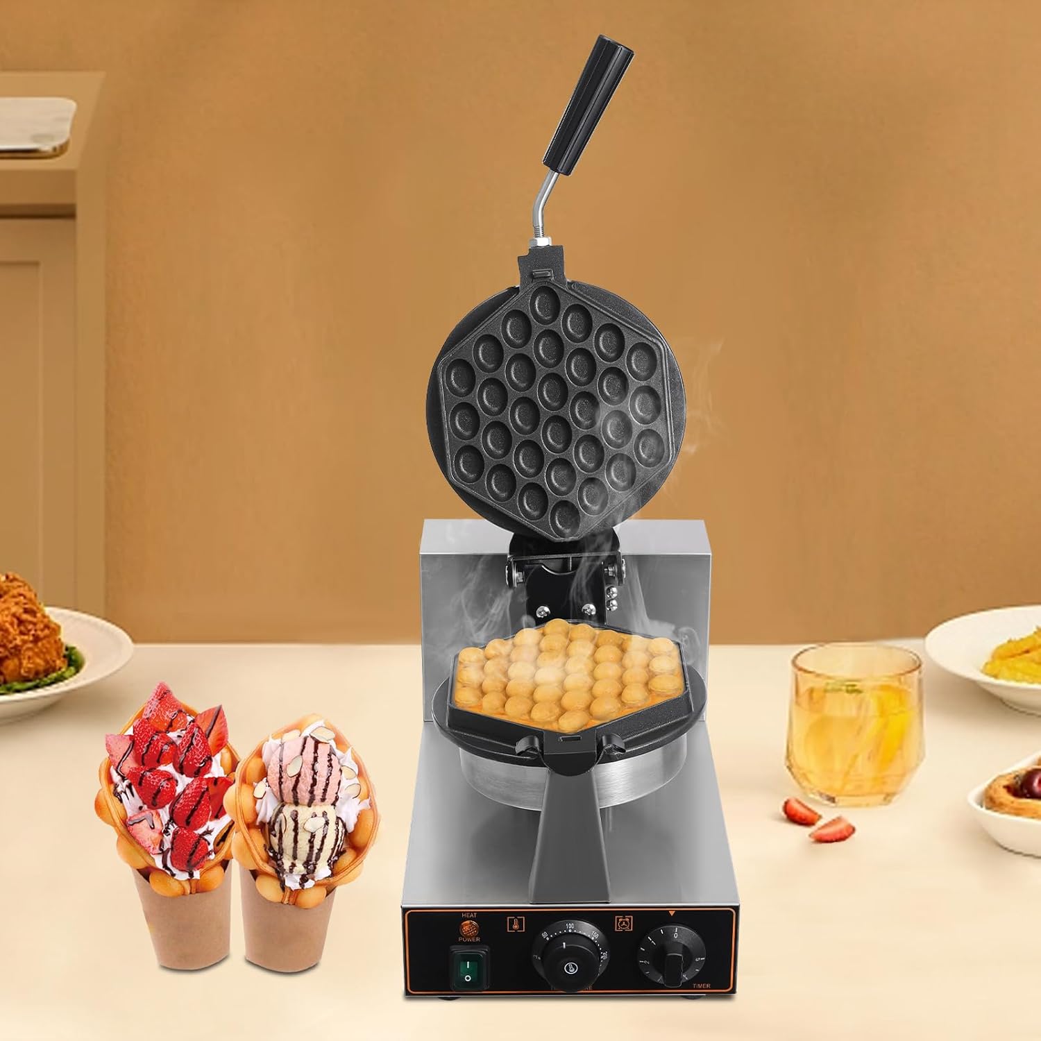 Commercial Bubble Waffle Maker Machine, 1300W Electric Egg Waffle Maker Hong Kong Waffler Non stick Coating, 180° Rotating, Temperature Control &Timer,Ready in under 5 Minutes