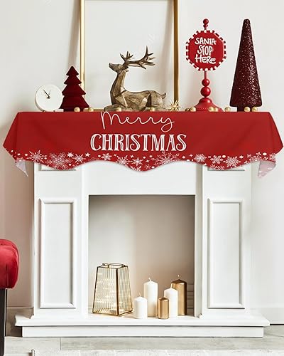Miniatura 5 de Bufanda roja con texto en inglés "Merry Christmas", decoración de chimenea para sala de estar, copo de nieve de invierno rojo y blanco, para