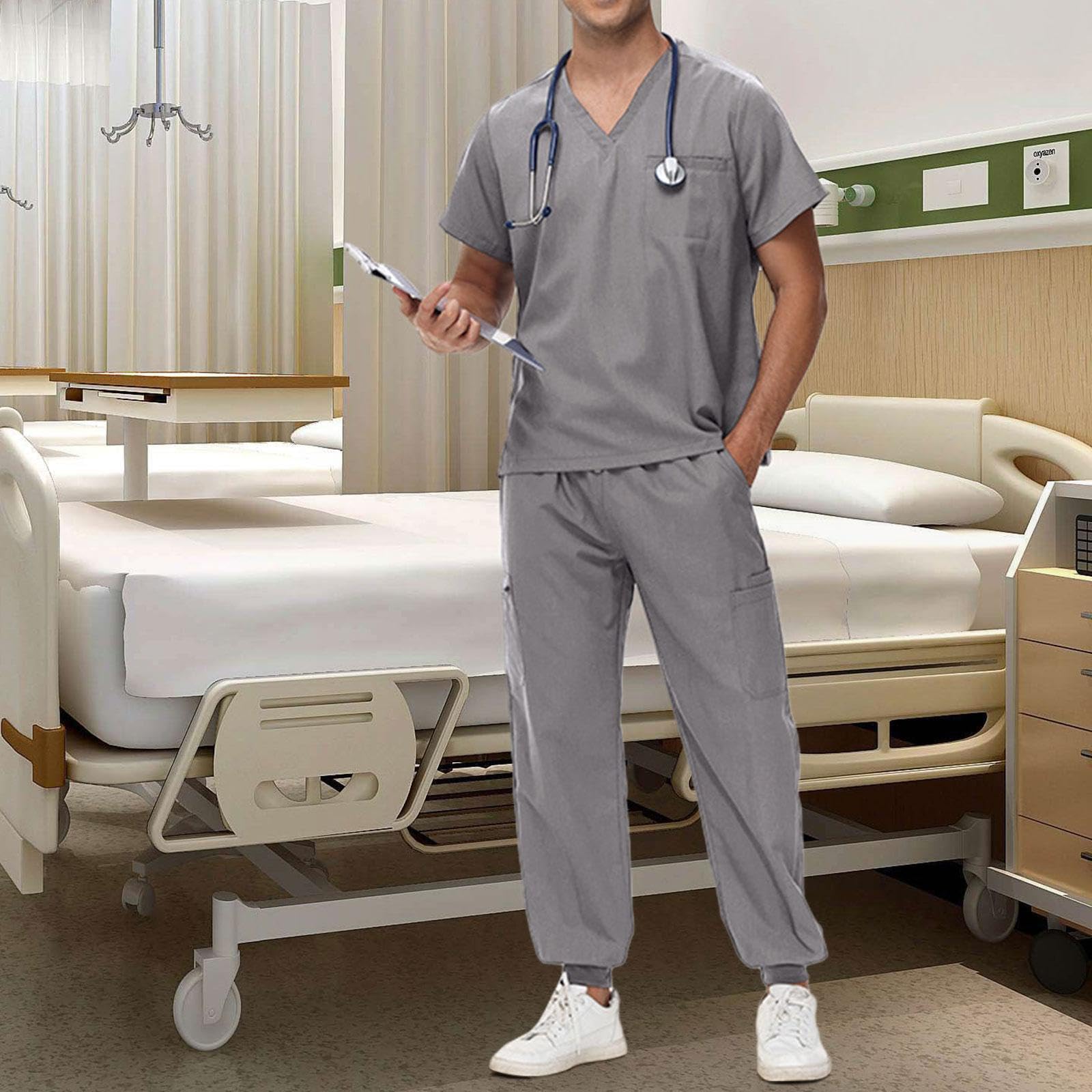Conjunto de Uniforme de Trabajo para Hombre con Escote en V Y Pantalones, Gris L