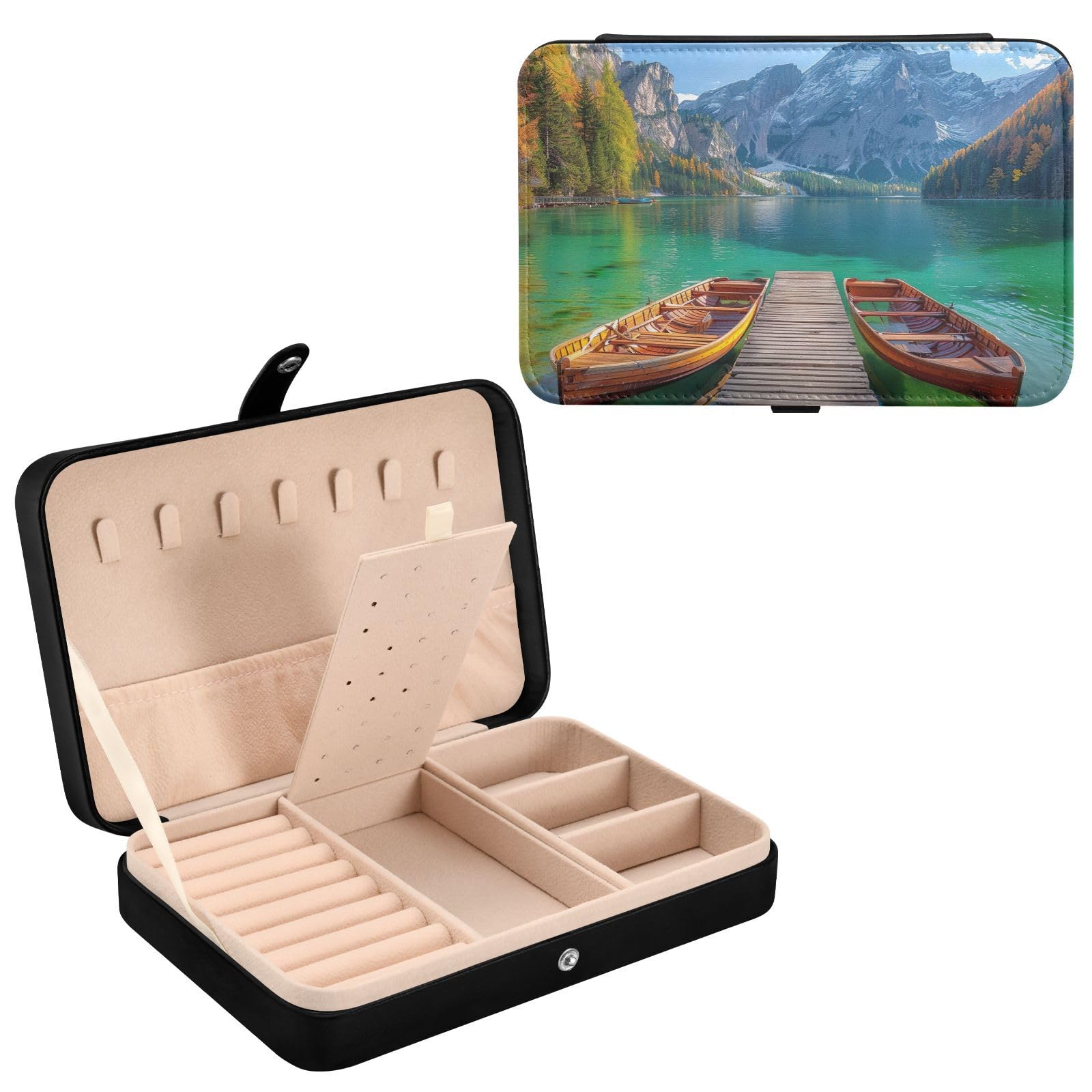 Haskirky Lake View Pattern Jewelry Box Portable PU Leather Travel Jewelry Organize for Women Jewelry Storage Display Holder for Ring, Necklace, Earring