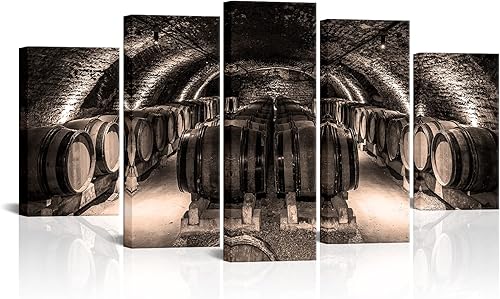 LevvArts 5 piezas de lienzo de barril de vino, arte de pared de roble blanco y negro, bodega, bodega, pintura escénica, decoración de cuadros para
