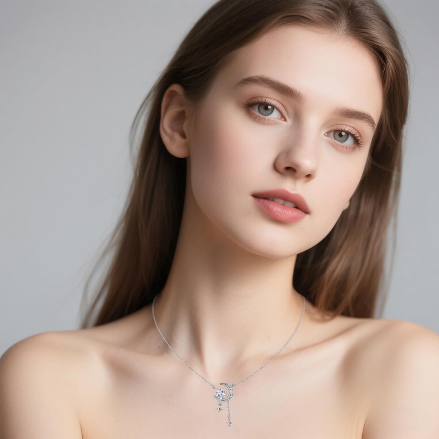 Reffeer Solid 925 Sterling Silver Moon Star Necklace for Women Teen Girls CZ Moon Choker Necklace Dainty Star Pendant Necklace