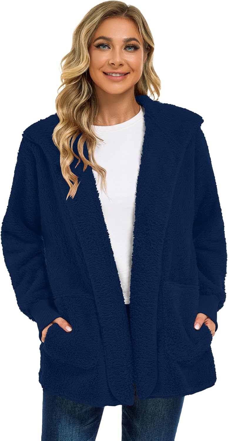 CHICGAL Womens Fuzzy Jacket Hooded Cardigan Open Front Sherpa Coat Outwear with Pockets - Image 4