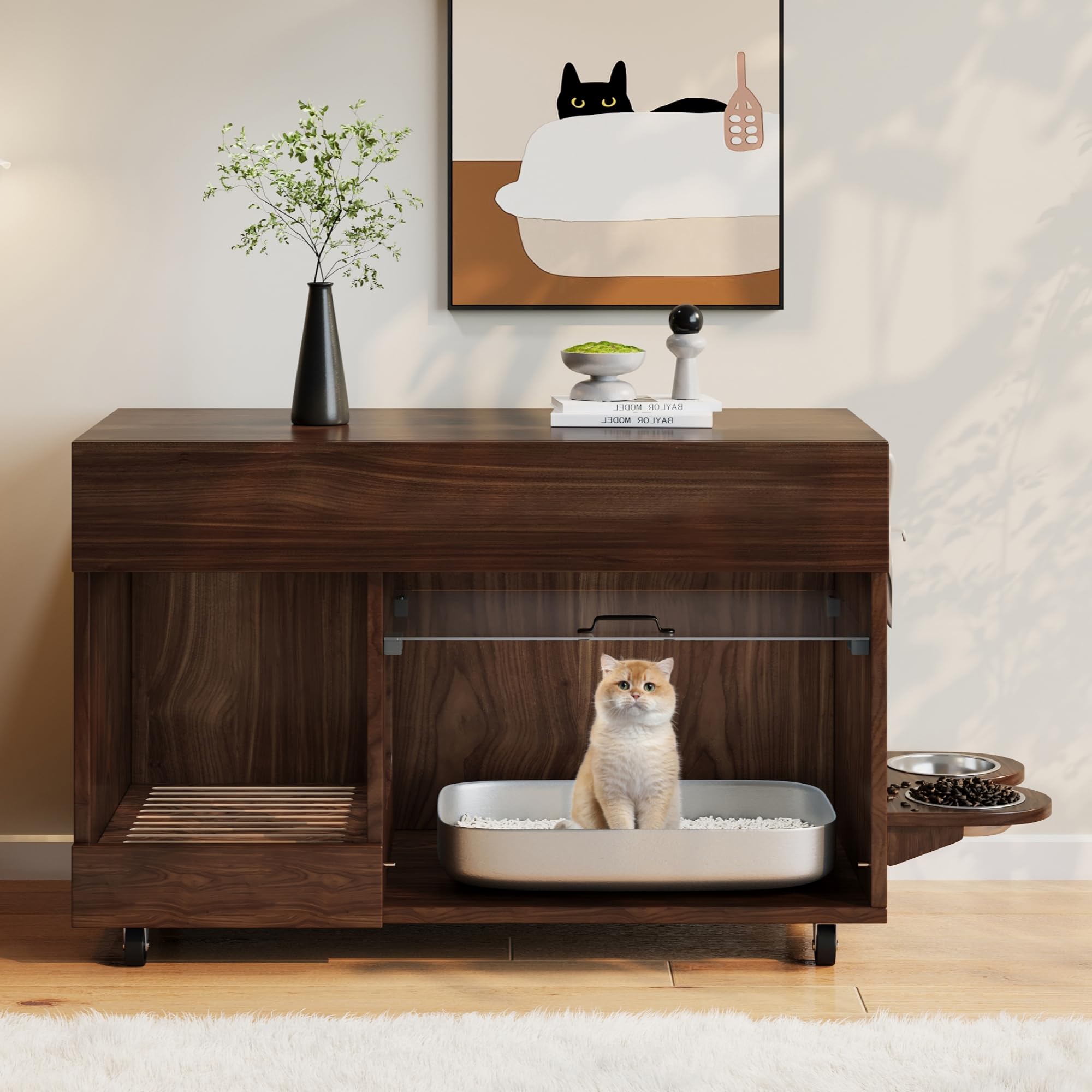 Katzenklo-Schrank, Bewegbar mit Sandauffangschale & Futterstation, Katzentoilettenschrank mit Lochplatte & Aufbewahrungsregal für Katzenzubehör, 100x45.5x67cm Nussbaum