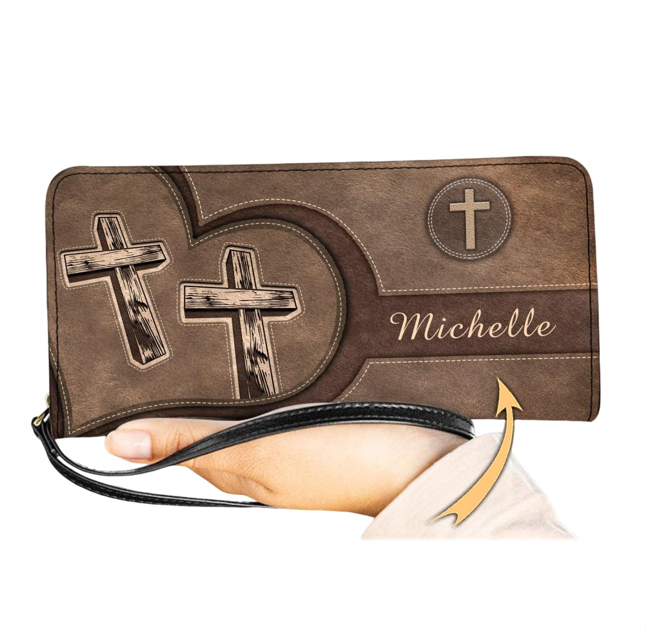 Personalized Christian Cross Women Leather Wallet, Vintage Christ God RFID Blocking Clucth Wristlet, Cute Custom Name Gift for Girls (Christian Cross), Brown