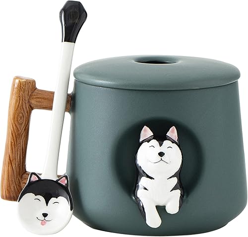 DIHOclub Taza de café de cerámica con tapa y cuchara a juego, taza con diseño de husky 3D para jugo de té, leche y chocolate, bonita taza para los