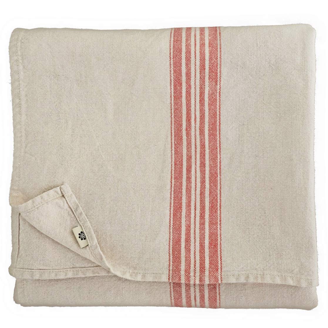 Nappe de table 136x300 en tissu lin lavé beige et rouge style vintage champêtre