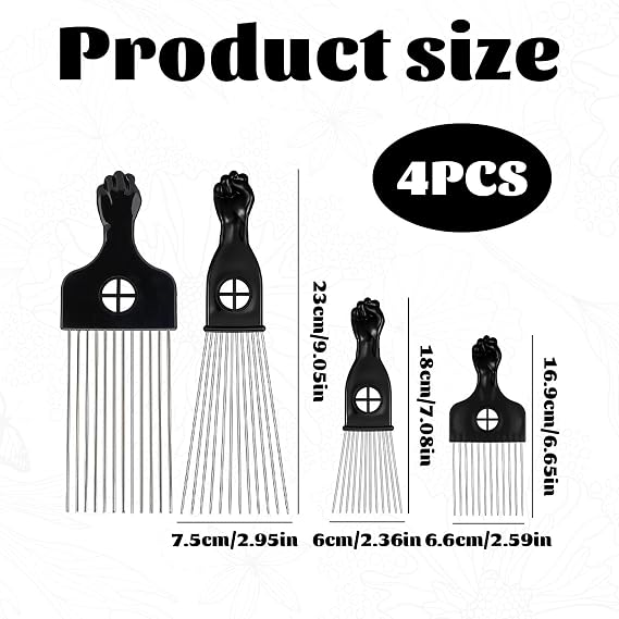 4 Pcs Afro Comb,Stainless Steel Hair Pick,Afro Hair Comb,Wide Tooth Comb Professional Afro Pick for Women/Men,for Hair Care and Styling Afro Curly Hair Style