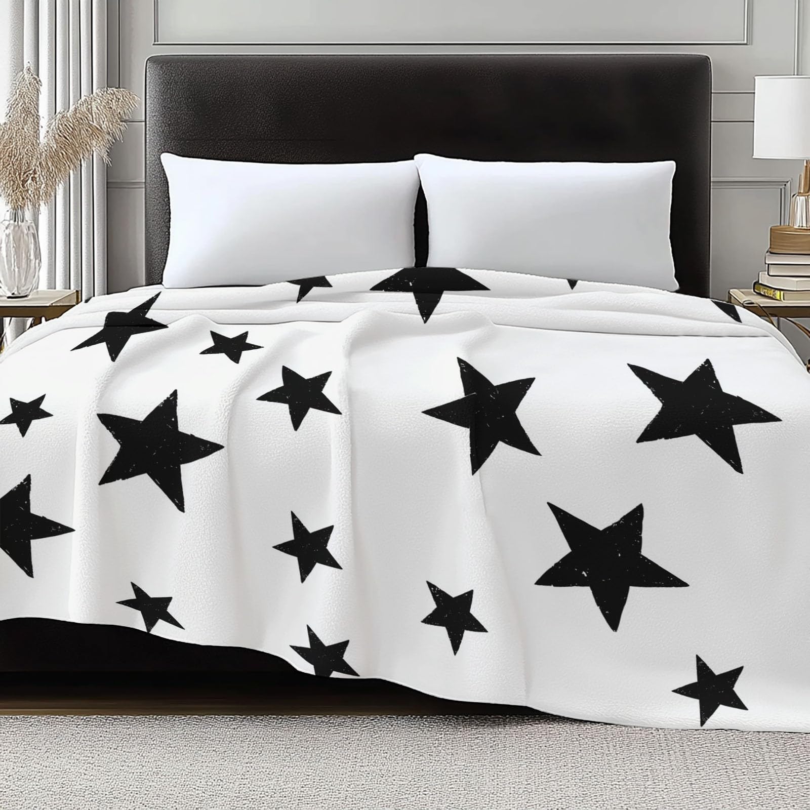 Flanelowy koc polarowy pięcioramienny minimalistyczny wzór w gwiazdę polar, narzuta na sofę Wygodny dwuosobowy koc na łóżko w kratę zimowy, 220 x 240 cm Jasny kolor