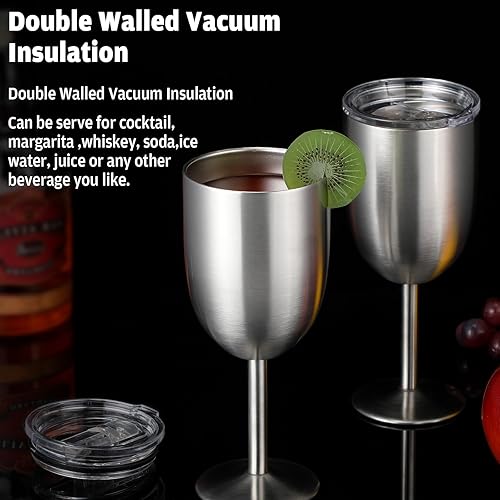 Miniatura 5 de Photect Paquete de 6 copas de vino de acero inoxidable con tapa, 10 onzas, doble pared aislada, copas irrompibles con popote para beber y cepillo