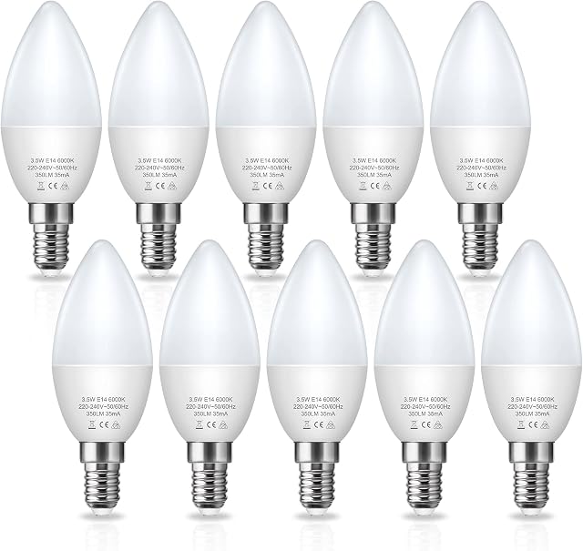 E14 LED Candle Bulb, LOHAS 3.5W SES Candle Light Bulb, 350LM, 30W Incandescent Equivalent, Cool White 6000K, Non-Dimmable, Energy Saving Bulbs, E14 LED Light Bulb for Chandeliers, Wall Lamps, 10 Pack