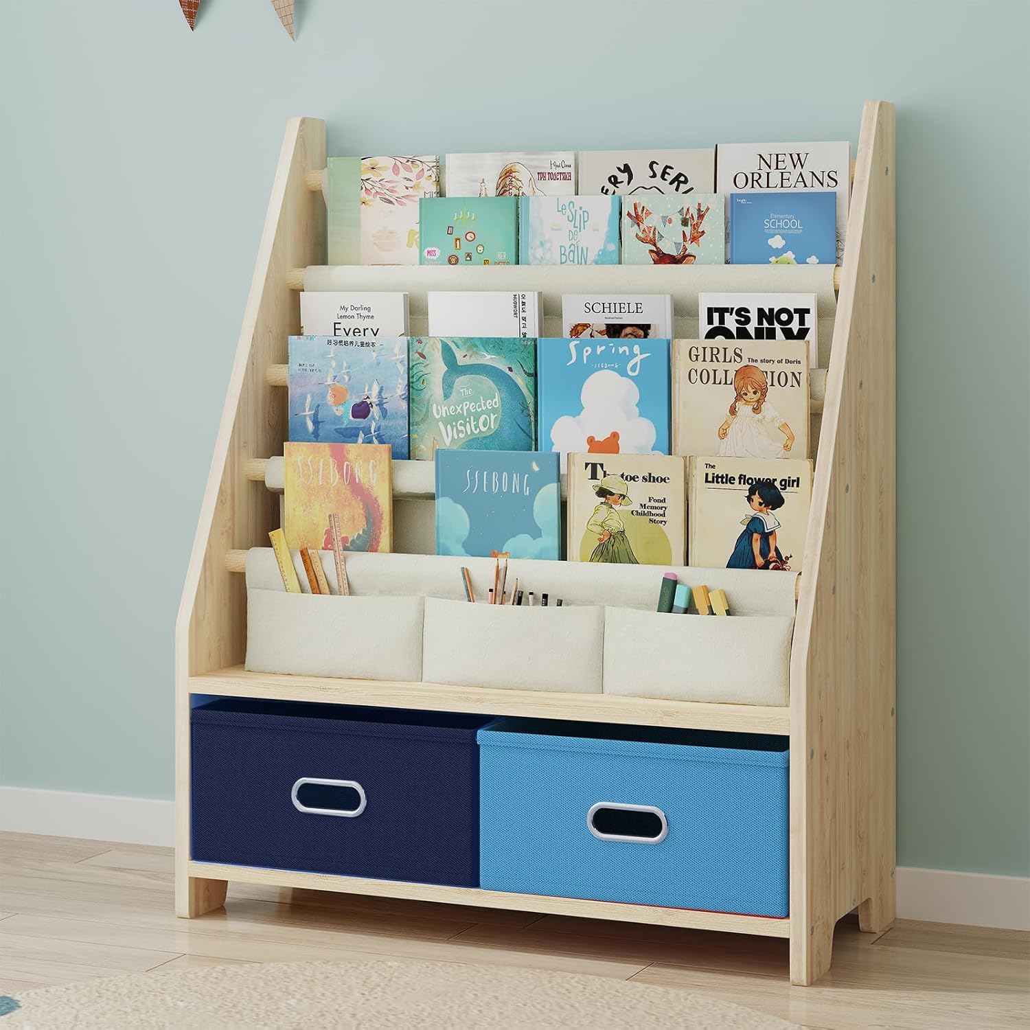 EXPERLAM Estantería de madera para niños de 4 niveles, con almacenamiento de juguetes, organizador de libros para niños y niñas