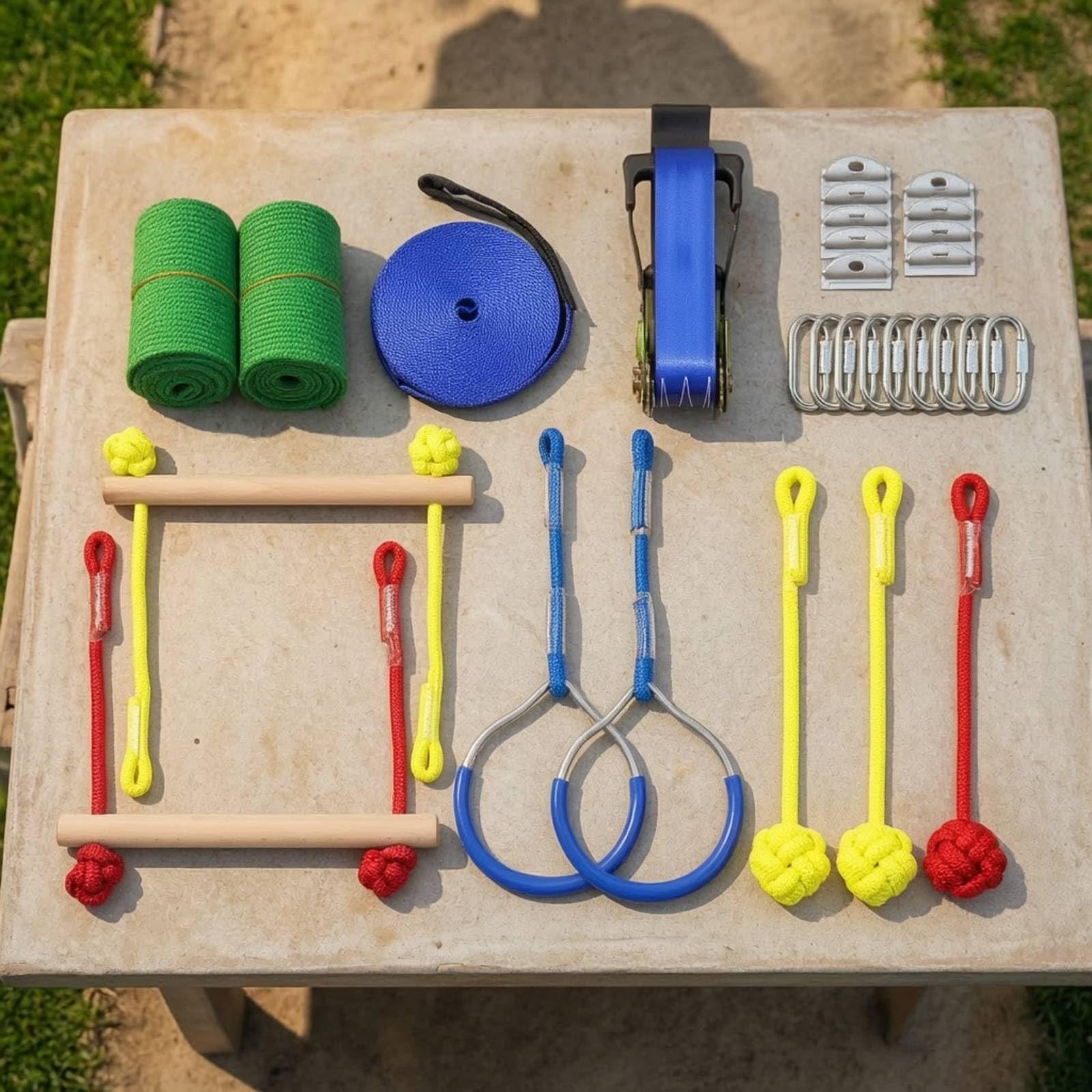 Perfeclan Entrenador de Equilibrio Infantil Kit de Slackline Línea de Obstáculos Barra de Madera Cuerda con Mosquetones de Acero para Práctica Segura