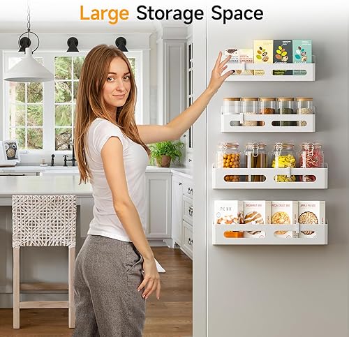 Miniatura 3 de Sevenblue Paquete de 4 estantes magnéticos para especias para refrigerador, estante magnético movible con 4 ganchos y 2 tazas colgantes para