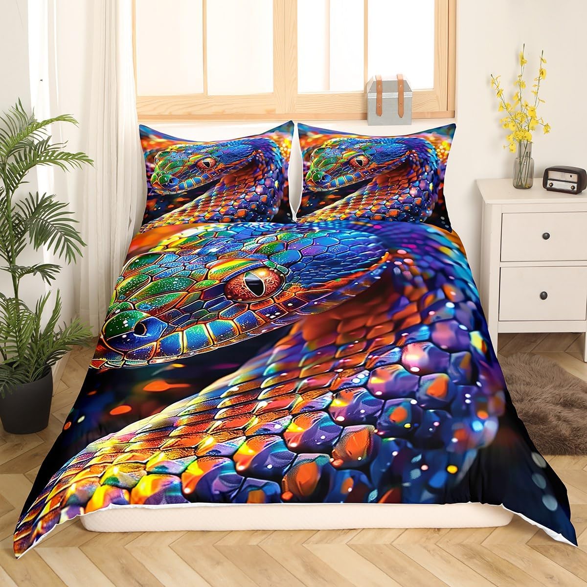 Glitter Snake Duvet Cover Set Toddler Size,Wild Animal Bedding Set for Kids Boys Girls Room Decor,Neon Style Snake Comforter Cover 2Pcs,Magical Animal Snake Microfiber Bedspreads Cover,1 Pillowcase