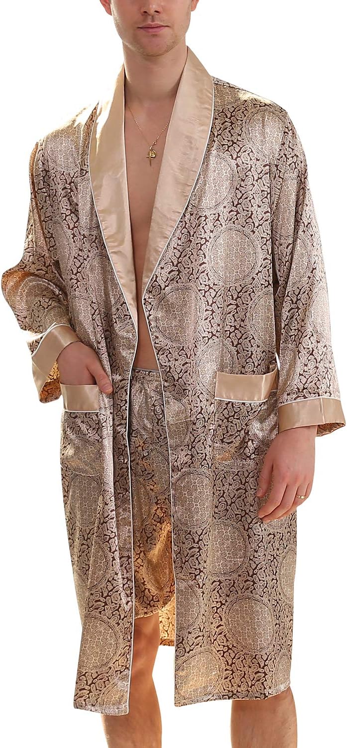 Lu's Chic Men's Satin Pajama Set Silk Robe Boxer Underwear Long Sleeves Pockets Loungewear Kit