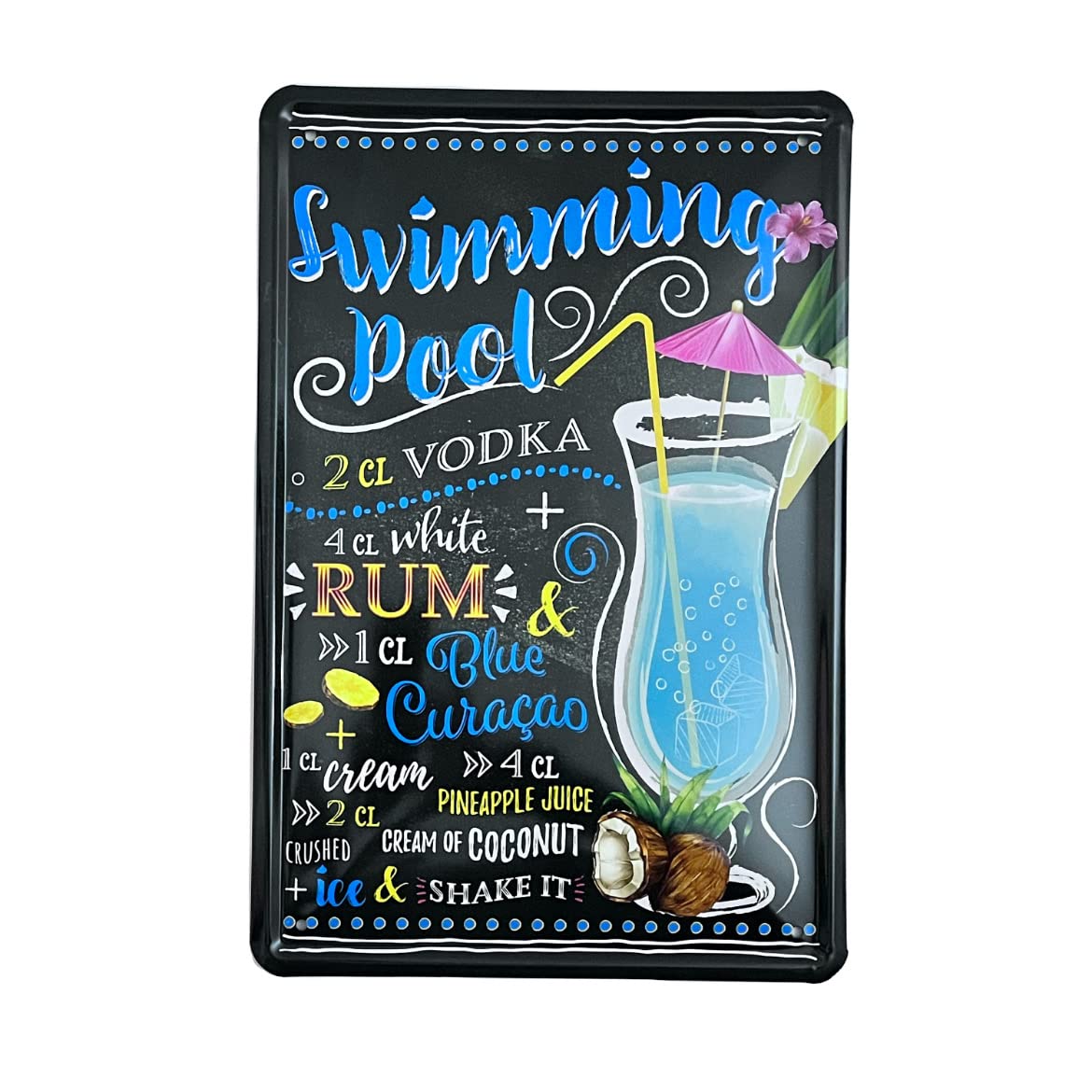 Metal Tin Sign - Swimming Pool Cocktail Recipe - Wall Plaque Retro Vintage 30X20 Cm Decorative For Bar Pub Dining Room Kitchen Bedroom Office Garage Funny Stylish Gift