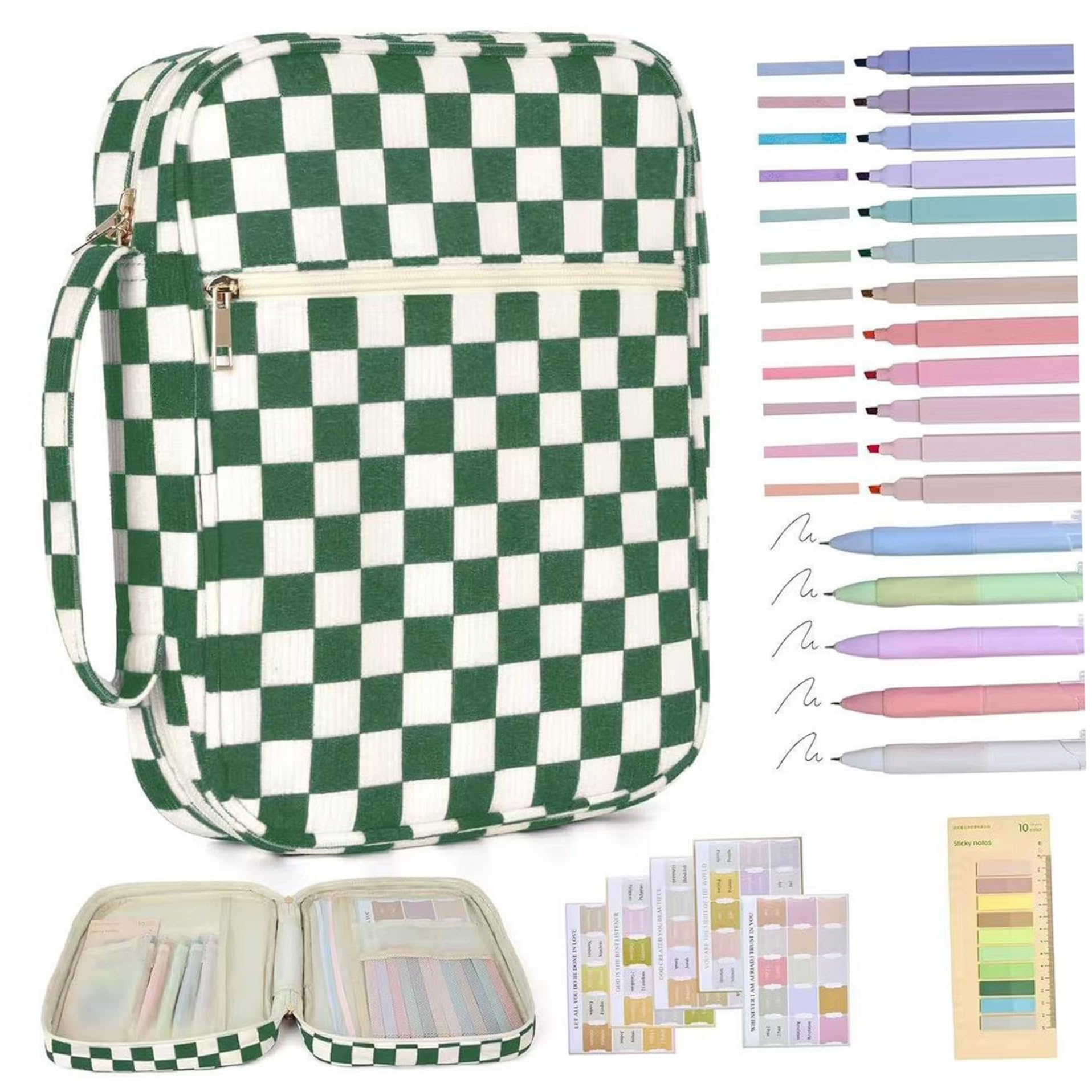 Bible Cover Case for Women, 12.2x9.1inch Quilted Checkered Bible Cover with Pens, Notes & Ruler, Bibles Study Kits Carrying Case (Green)