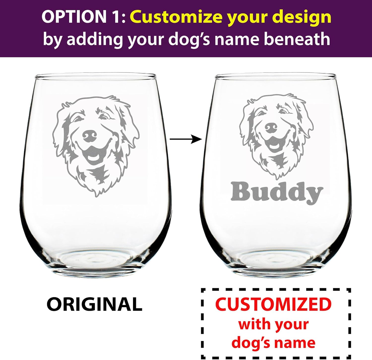 Custom Happy Golden Retriever Stemless Wine Glass - Cute Gifts for Dog Lovers with Golden Retrievers - 17 Oz Large Glasses - Customized Glasses