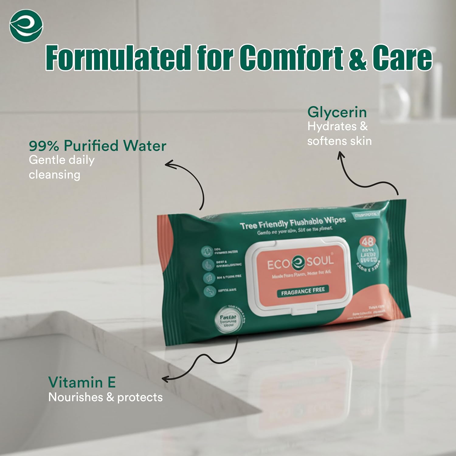 Eco Soul Bamboo Flushable Wipes Adult Wet Wipe [12 x Pack of 48, Unscented] 100% Plant-Based Biodegradable Septic & Sewer Safe Alcohol-Free & Hypoallergenic for Sensitive Skin |576 Soft Butt Wipes