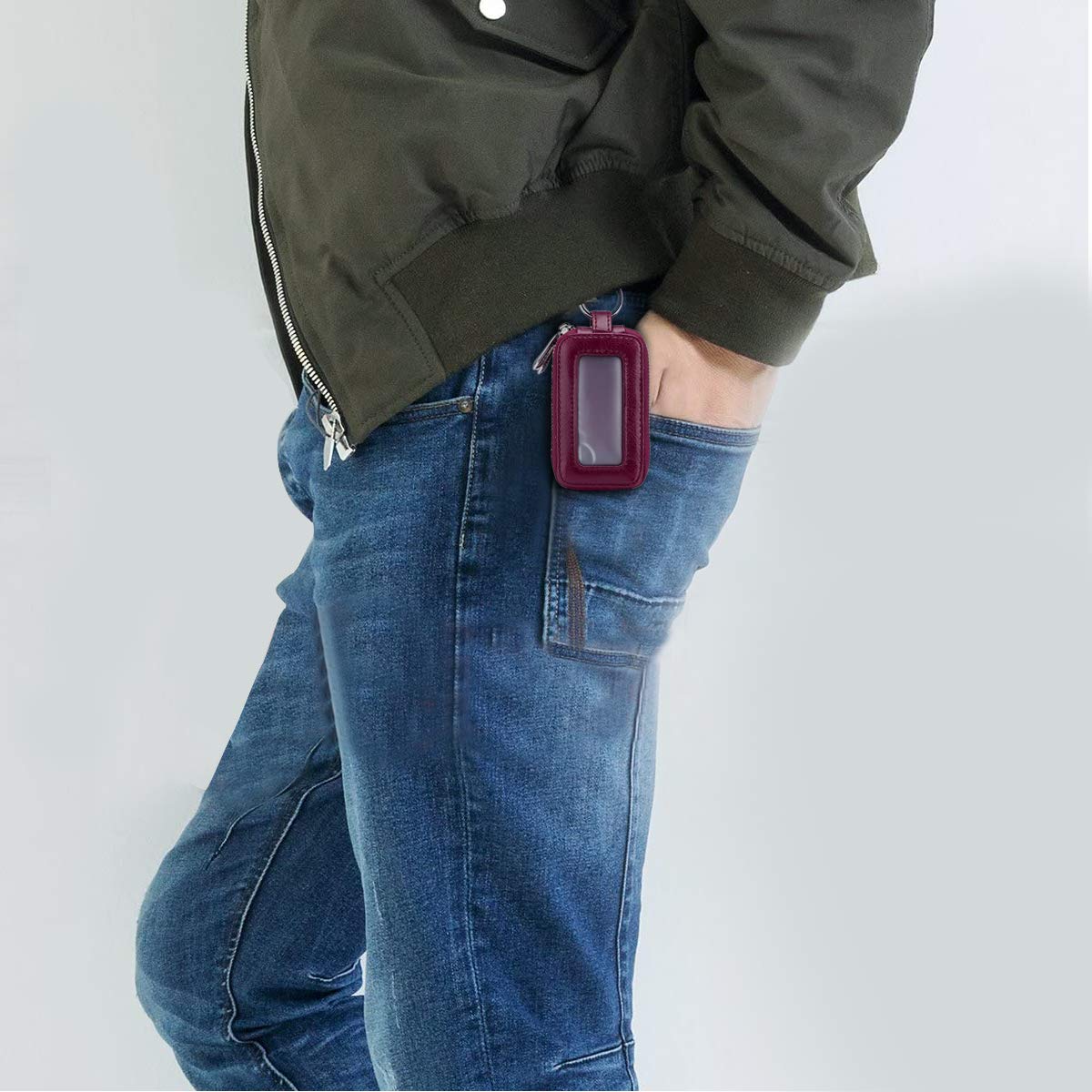 Llaveros de Cuero Genuino para Coche, Llavero, portátil, Llavero, Retro, Impermeable, Doble Bolsa con Cremallera para Hombres y Mujeres, Morado, Large