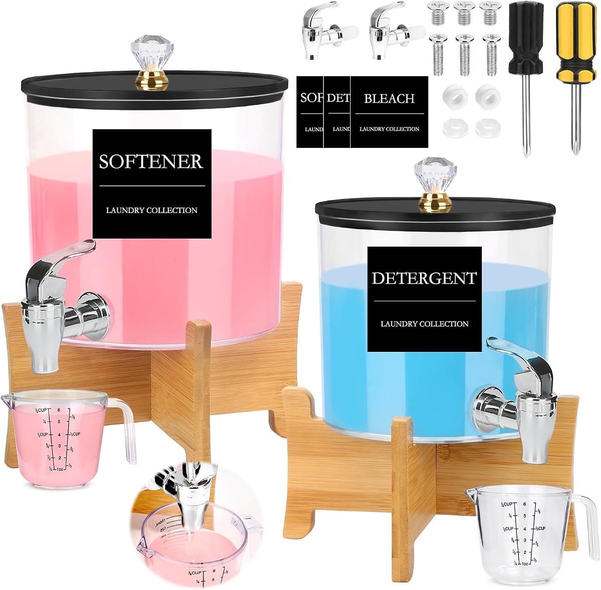 Juego de dispensador de detergente para ropa, paquete de 2 dispensadores de jabón líquido grandes y pequeños con soportes de bambú, recipientes acrílicos para detergente para ropa, capacidad total de aproximadamente 1,25 galones, organización de la sala de lavandería