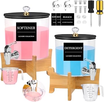 Laundry Detergent Dispenser Set, 2 Pack Large and Small Acrylic Containers with Bamboo Stands, 1.25 Gallon Total, Laundry Room Organization