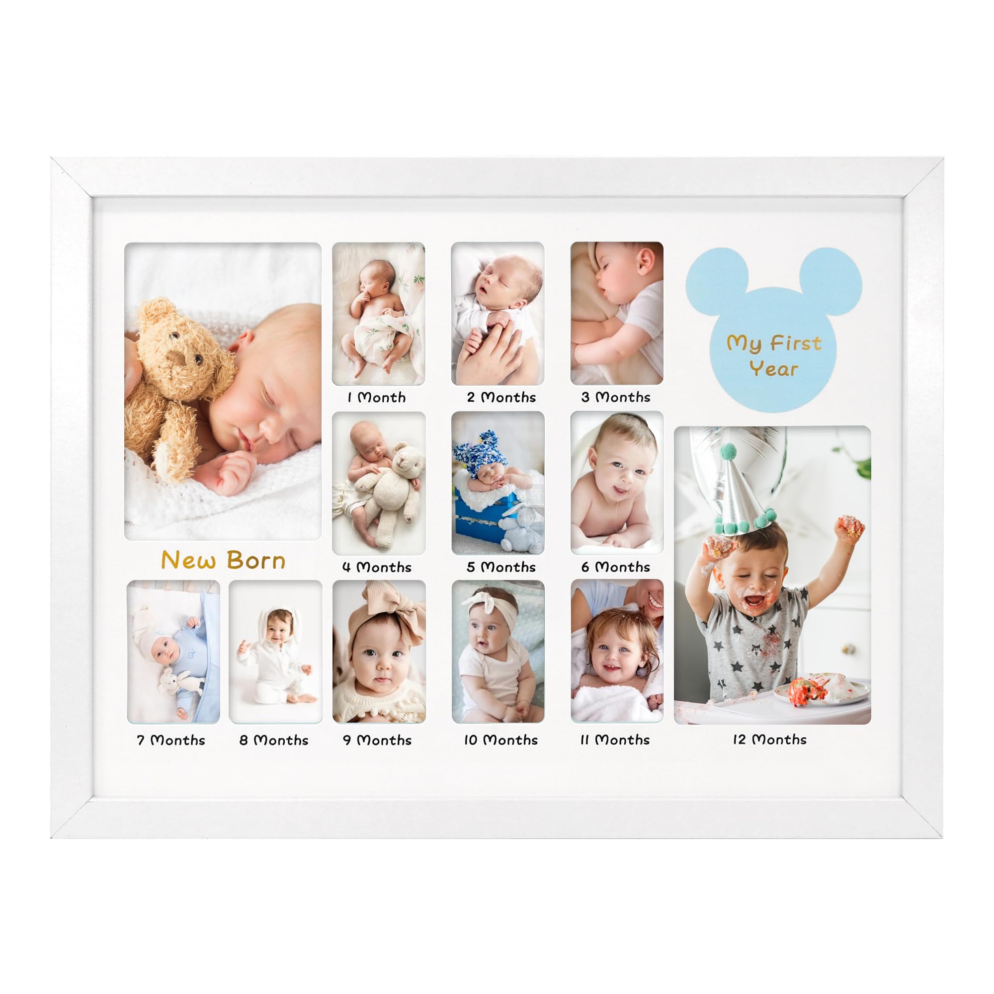 FramePro My First Year Photo Frame 12x16, Baby's First Twelve Months 4x6 and 2x3 Wallet Pictures Milestone Board Keepsake, as New Mom Baby Newborn Gift, White