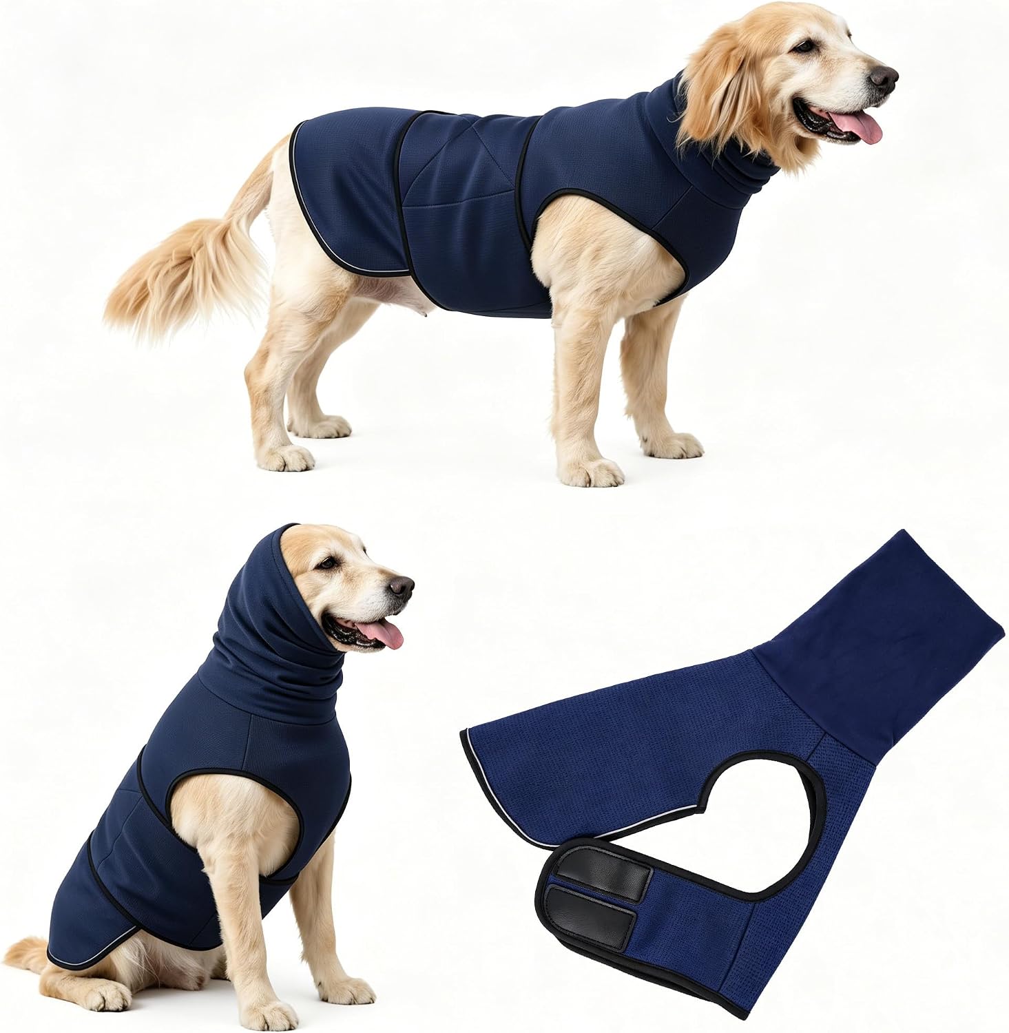 Dog Calming Vest with Hood, Soothing Pressure Vest for Thunderstorms, Fireworks, Travel & Vet Visits, Breathable Soft Reflective Coat (Navy, S)