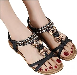 AIHOU Sandals Women Roman Bohemian Elastic Ankle Strap Slip On Flat Sandals Open Toe Comfy Casual Womens Sandals