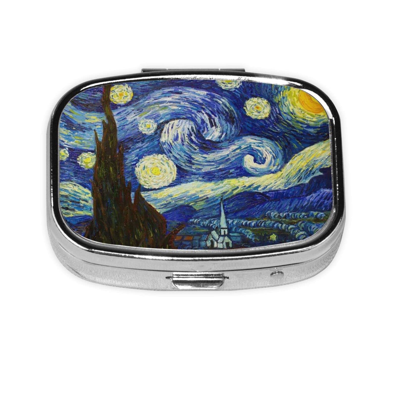 Van Gogh The Starry Night Pill Box for Women Men 2 Inch Square Travel Metal Pill Box for Pocket Wallets Purse Daily Portable Large Compartments Storage Pill Box Personlized Lids