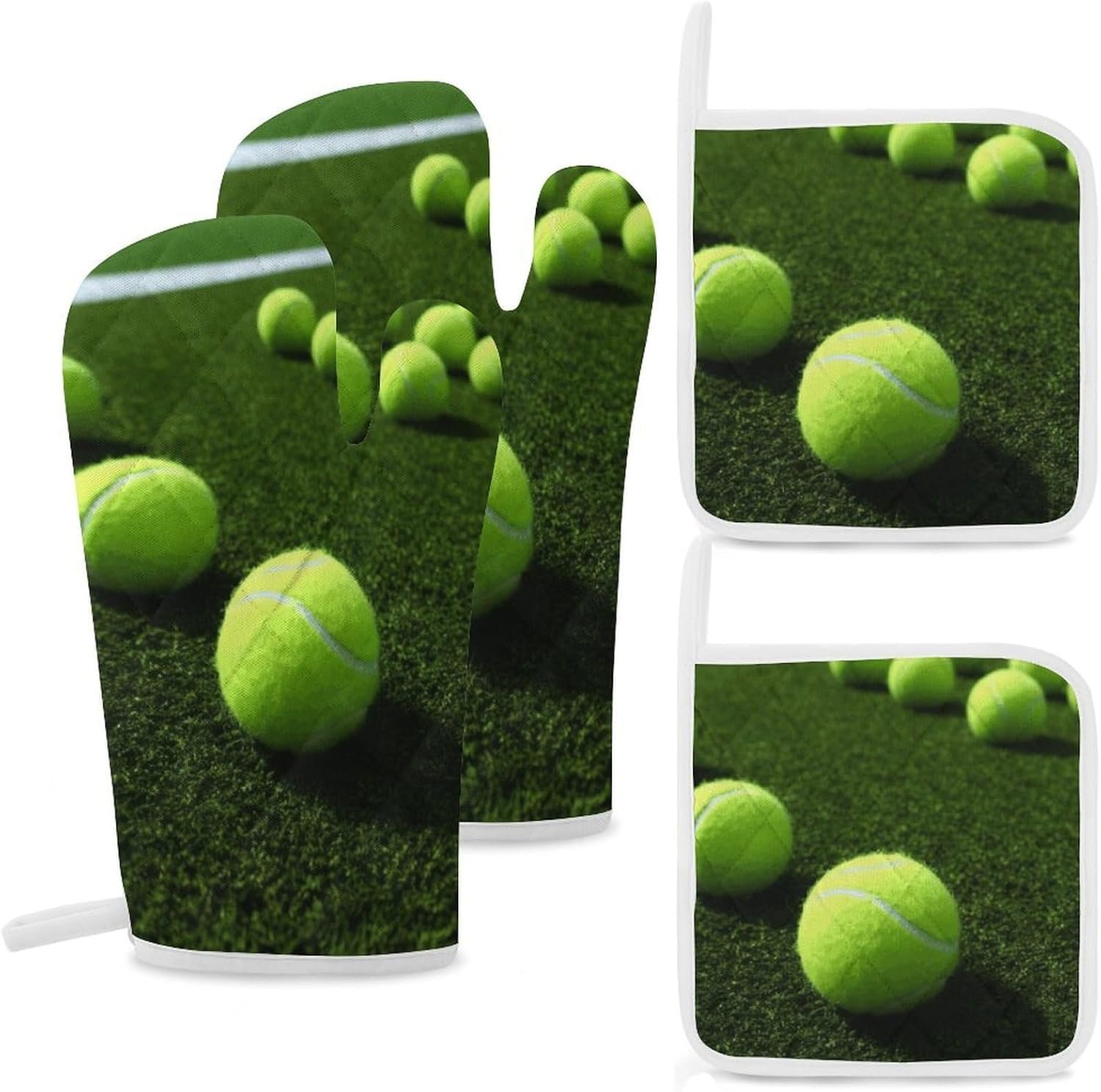4-Piece Oven Mitts and Pot Holders Set Tennis Balls on Tennis Grass Court Printed Heat-Resistant Polyester Kitchen Gloves and Potholders Comfortable & Durable for Cooking Baking and Grilling